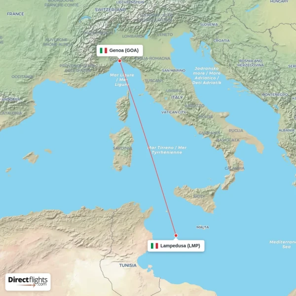 Genoa - Lampedusa direct flight map