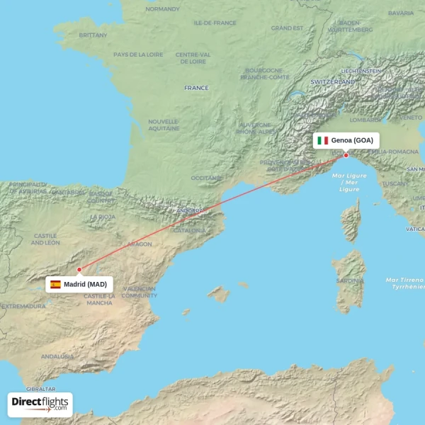 Genoa - Madrid direct flight map