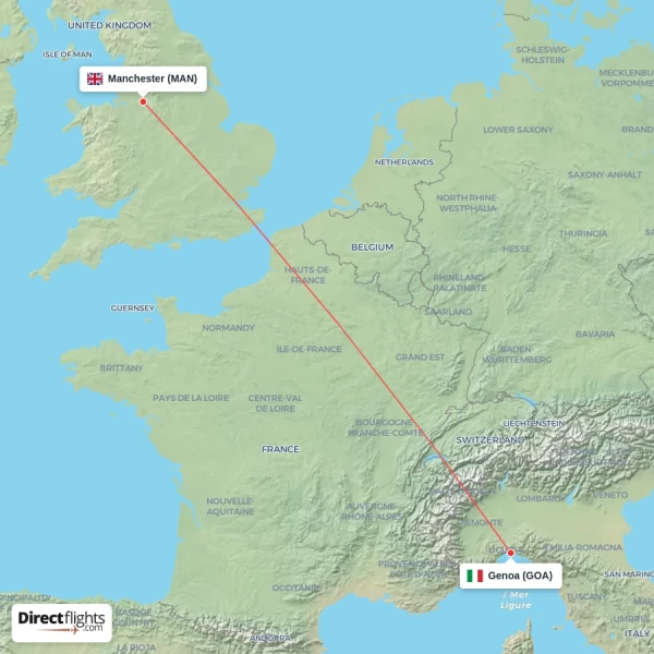 Genoa - Manchester direct flight map