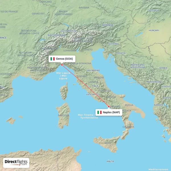 Genoa - Naples direct flight map