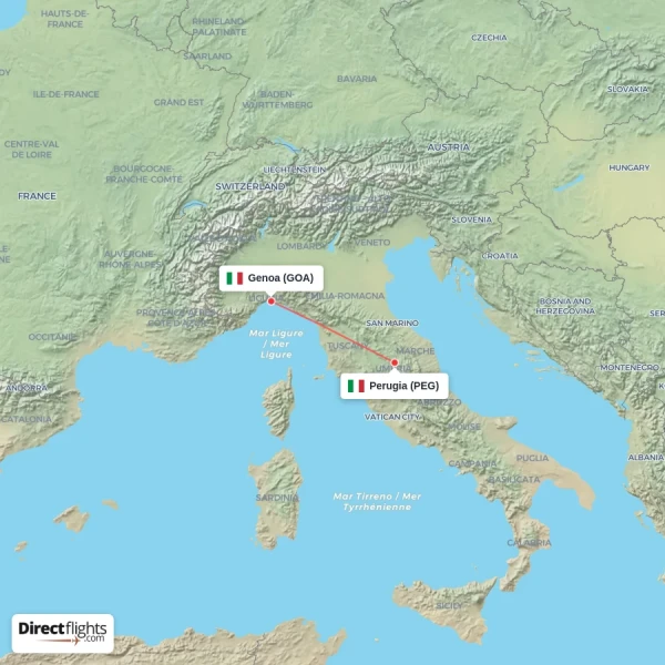 Genoa - Perugia direct flight map