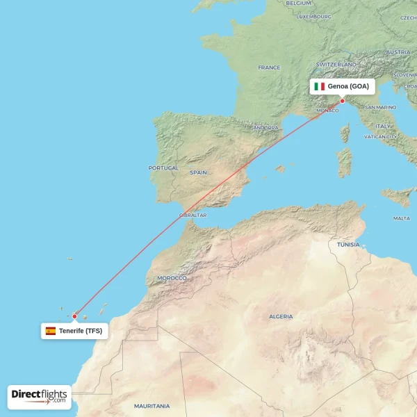 Genoa - Tenerife direct flight map