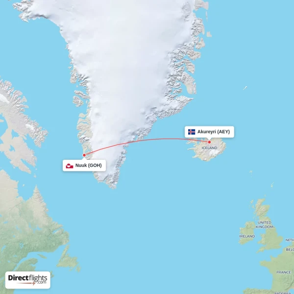 Nuuk - Akureyri direct flight map