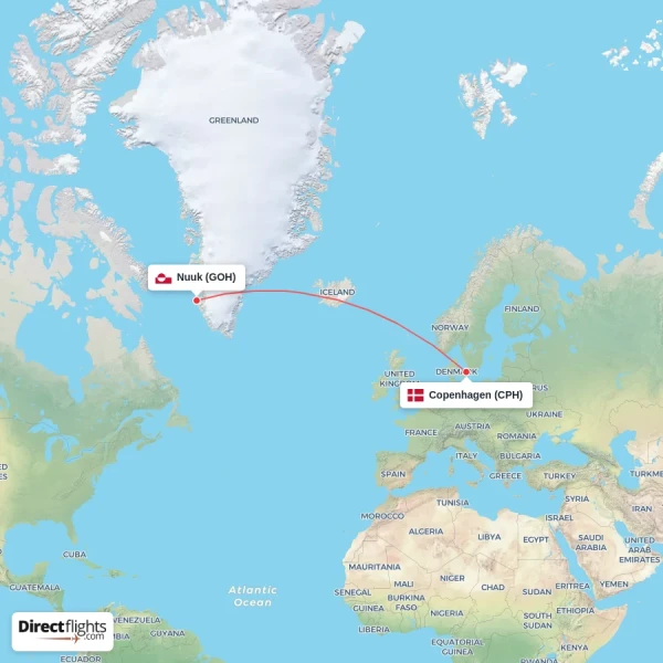 Nuuk - Copenhagen direct flight map