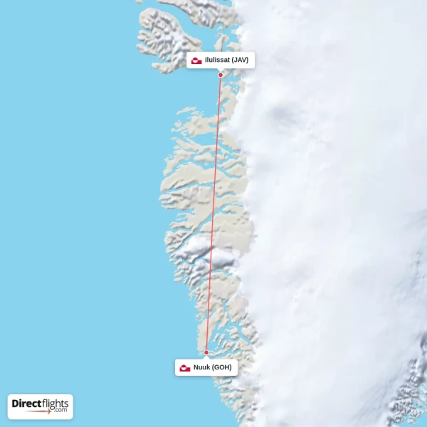 Nuuk - Ilulissat direct flight map