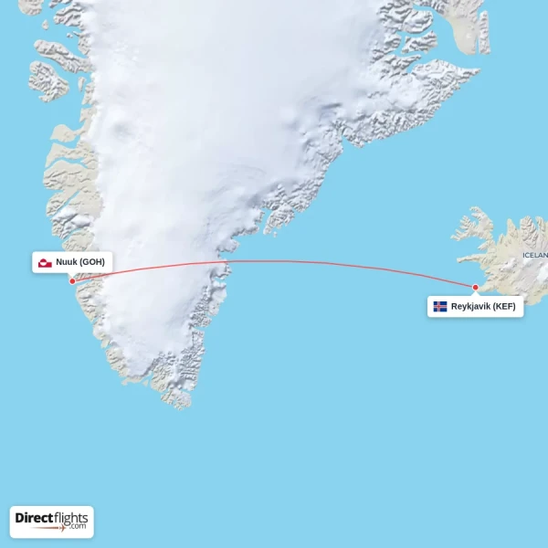 Nuuk - Reykjavik direct flight map