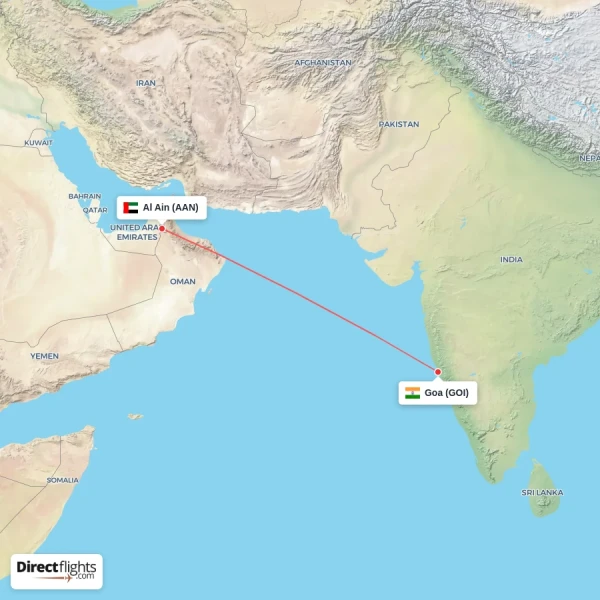 Goa - Al Ain direct flight map