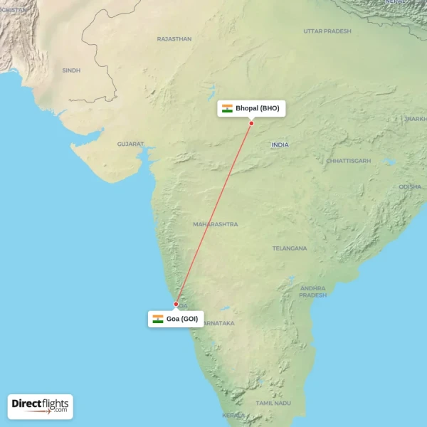 Goa - Bhopal direct flight map