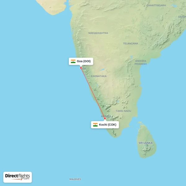 Goa - Kochi direct flight map
