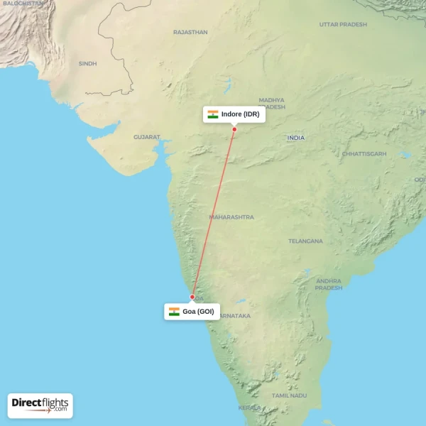 Goa - Indore direct flight map