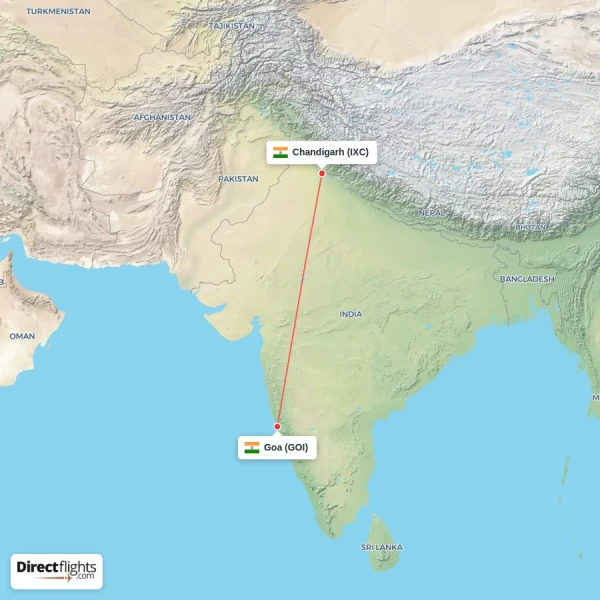 Goa - Chandigarh direct flight map