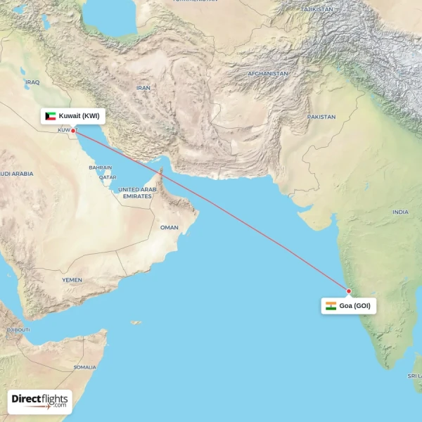 Goa - Kuwait direct flight map