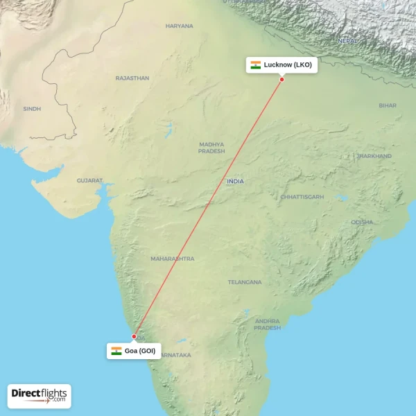 Goa - Lucknow direct flight map