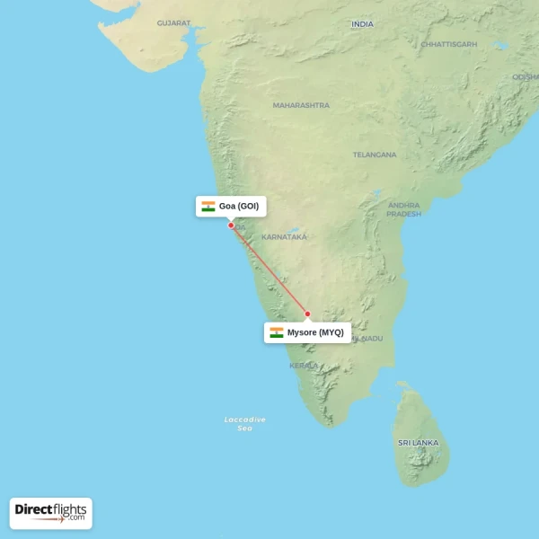 Goa - Mysore direct flight map