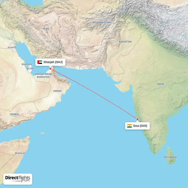 Goa - Sharjah direct flight map