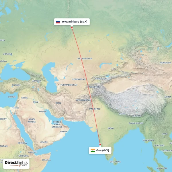 Goa - Yekaterinburg direct flight map
