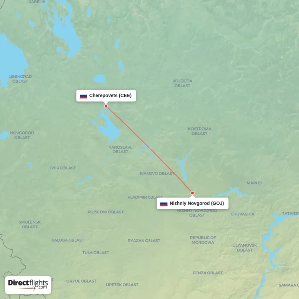 Nizhniy Novgorod - Cherepovets direct flight map