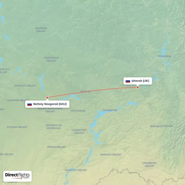 Nizhniy Novgorod - Izhevsk direct flight map