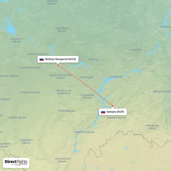 Nizhniy Novgorod - Samara direct flight map
