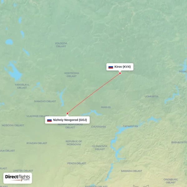 Nizhniy Novgorod - Kirov direct flight map