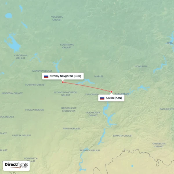 Nizhniy Novgorod - Kazan direct flight map
