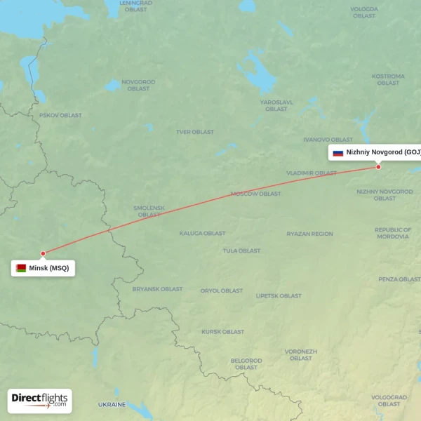Nizhniy Novgorod - Minsk direct flight map