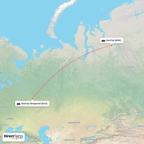 Nizhniy Novgorod - Noril'sk direct flight map