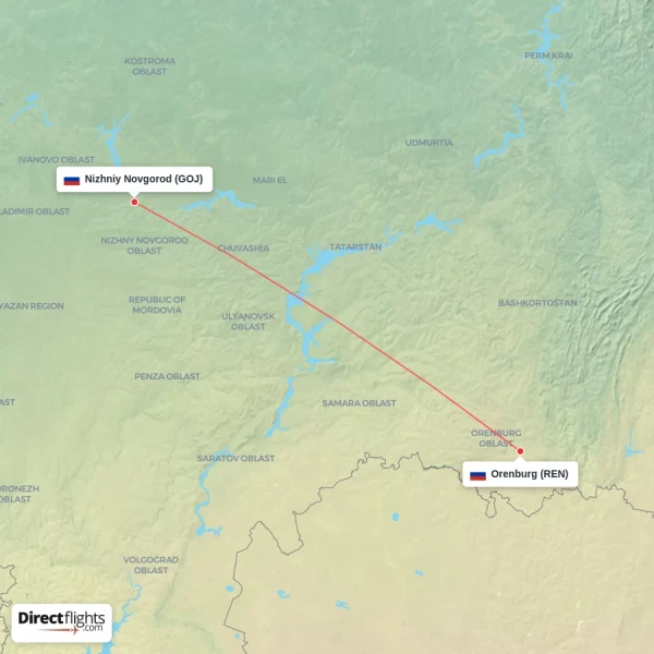 Nizhniy Novgorod - Orenburg direct flight map