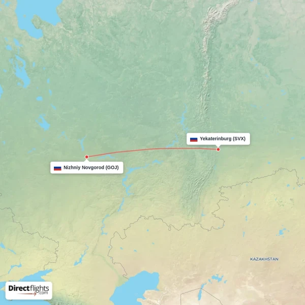 Nizhniy Novgorod - Yekaterinburg direct flight map
