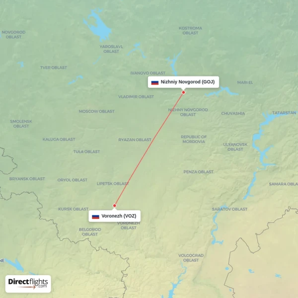 Nizhniy Novgorod - Voronezh direct flight map