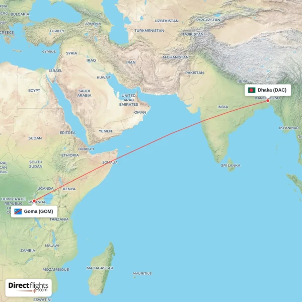 Goma - Dhaka direct flight map