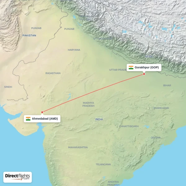 Gorakhpur - Ahmedabad direct flight map