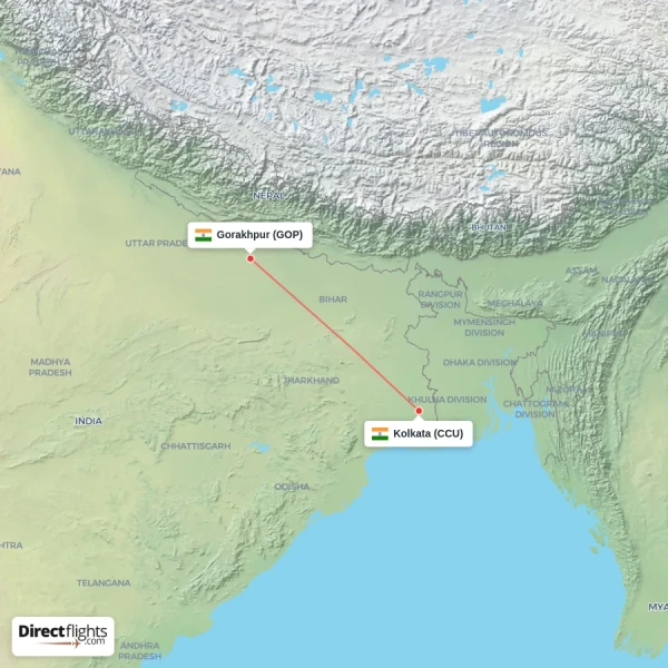 Gorakhpur - Kolkata direct flight map