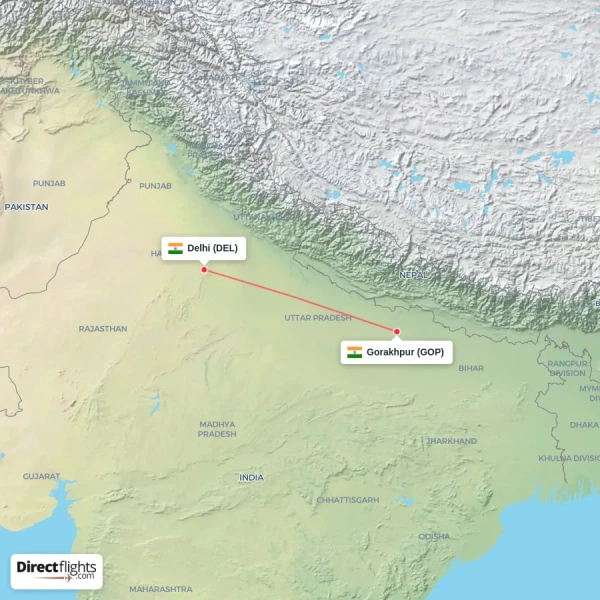 Gorakhpur - Delhi direct flight map
