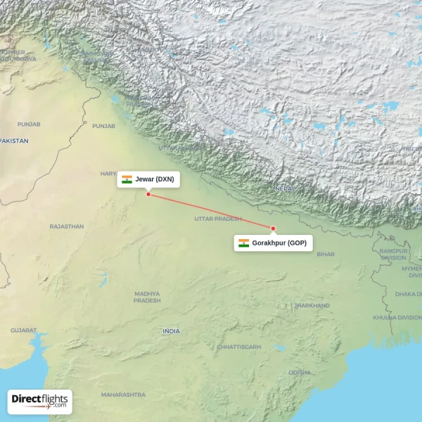 Gorakhpur - Jewar direct flight map
