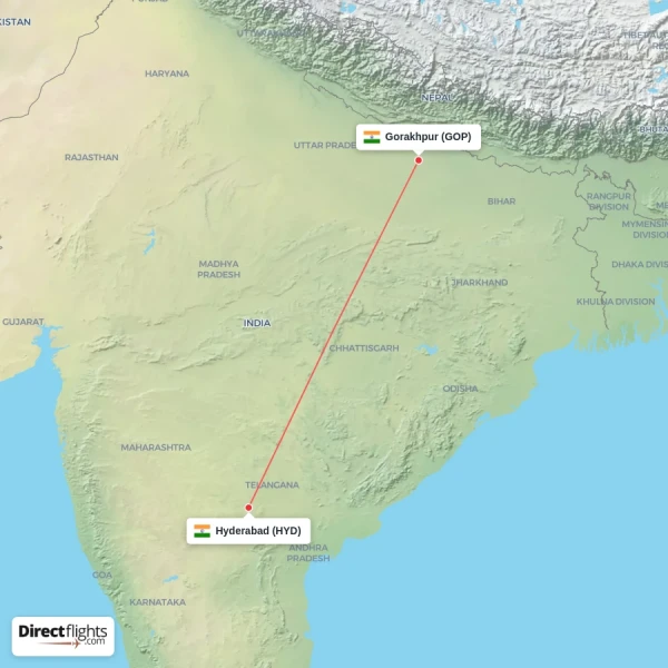 Gorakhpur - Hyderabad direct flight map