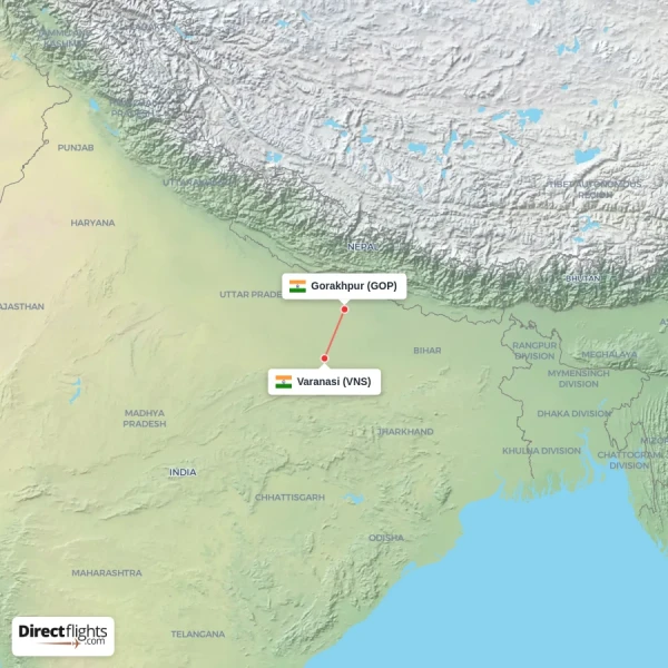 Gorakhpur - Varanasi direct flight map