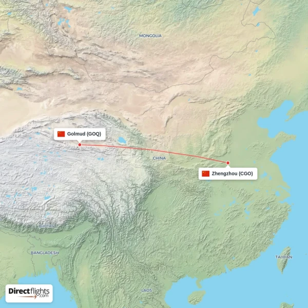 Golmud - Zhengzhou direct flight map