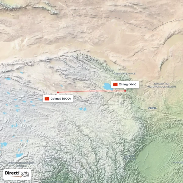 Golmud - Xining direct flight map