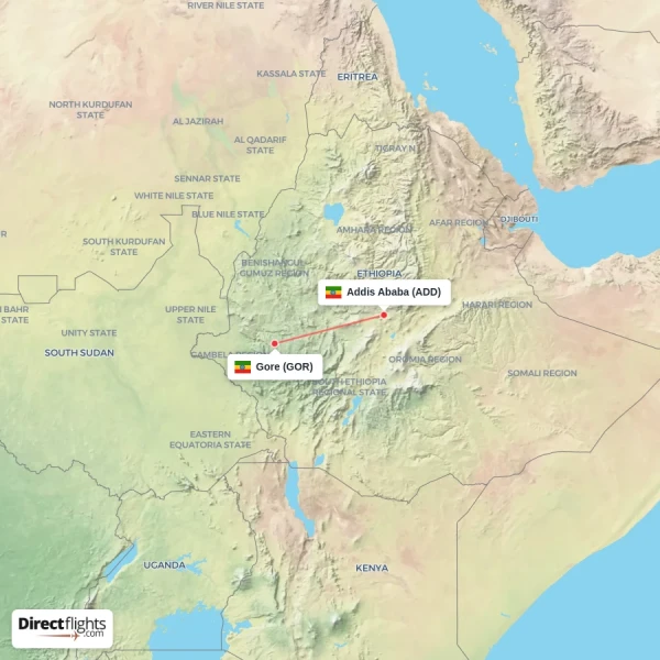 Gore - Addis Ababa direct flight map