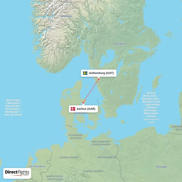 Gothenburg - Aarhus direct flight map