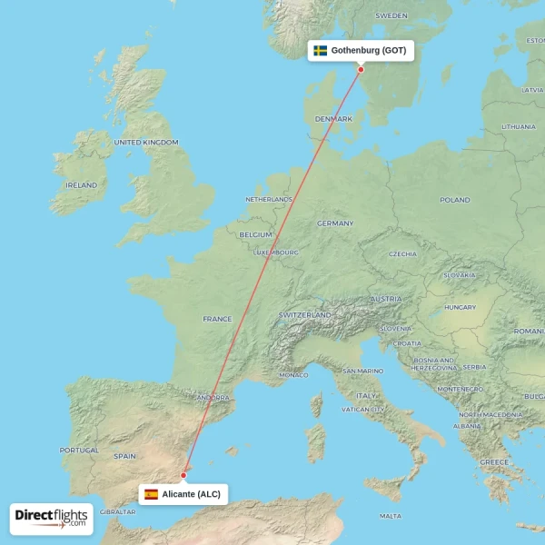 Gothenburg - Alicante direct flight map