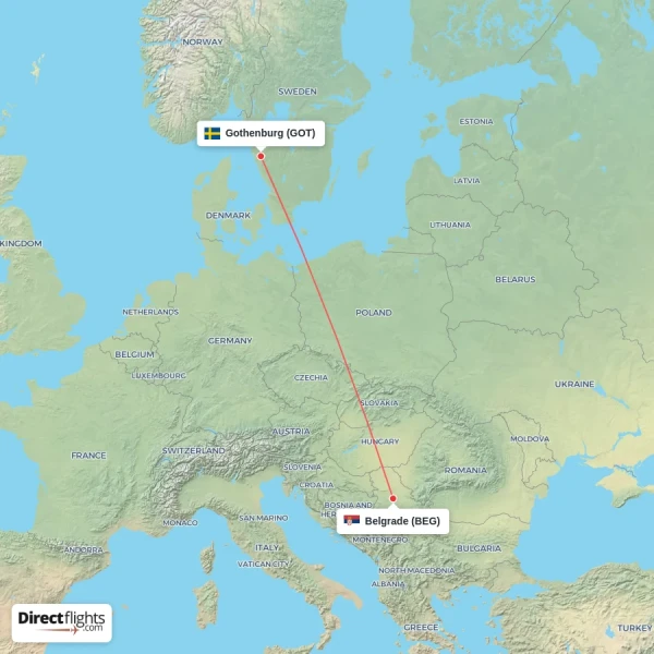 Gothenburg - Belgrade direct flight map