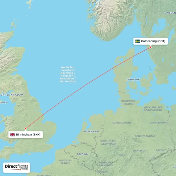 Gothenburg - Birmingham direct flight map