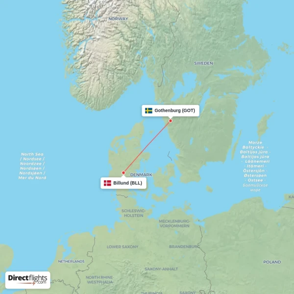 Gothenburg - Billund direct flight map