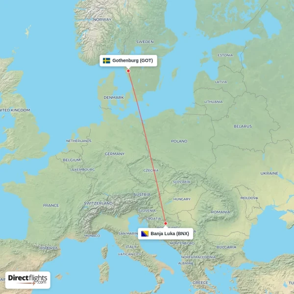 Gothenburg - Banja Luka direct flight map