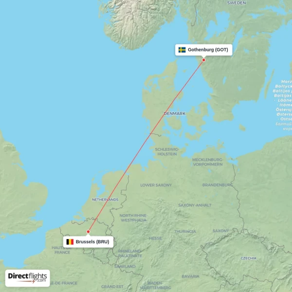 Gothenburg - Brussels direct flight map
