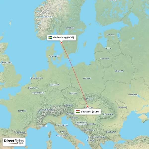 Gothenburg - Budapest direct flight map
