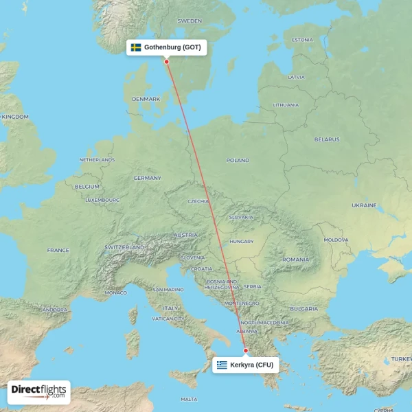 Gothenburg - Kerkyra direct flight map