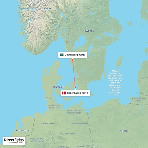 Gothenburg - Copenhagen direct flight map